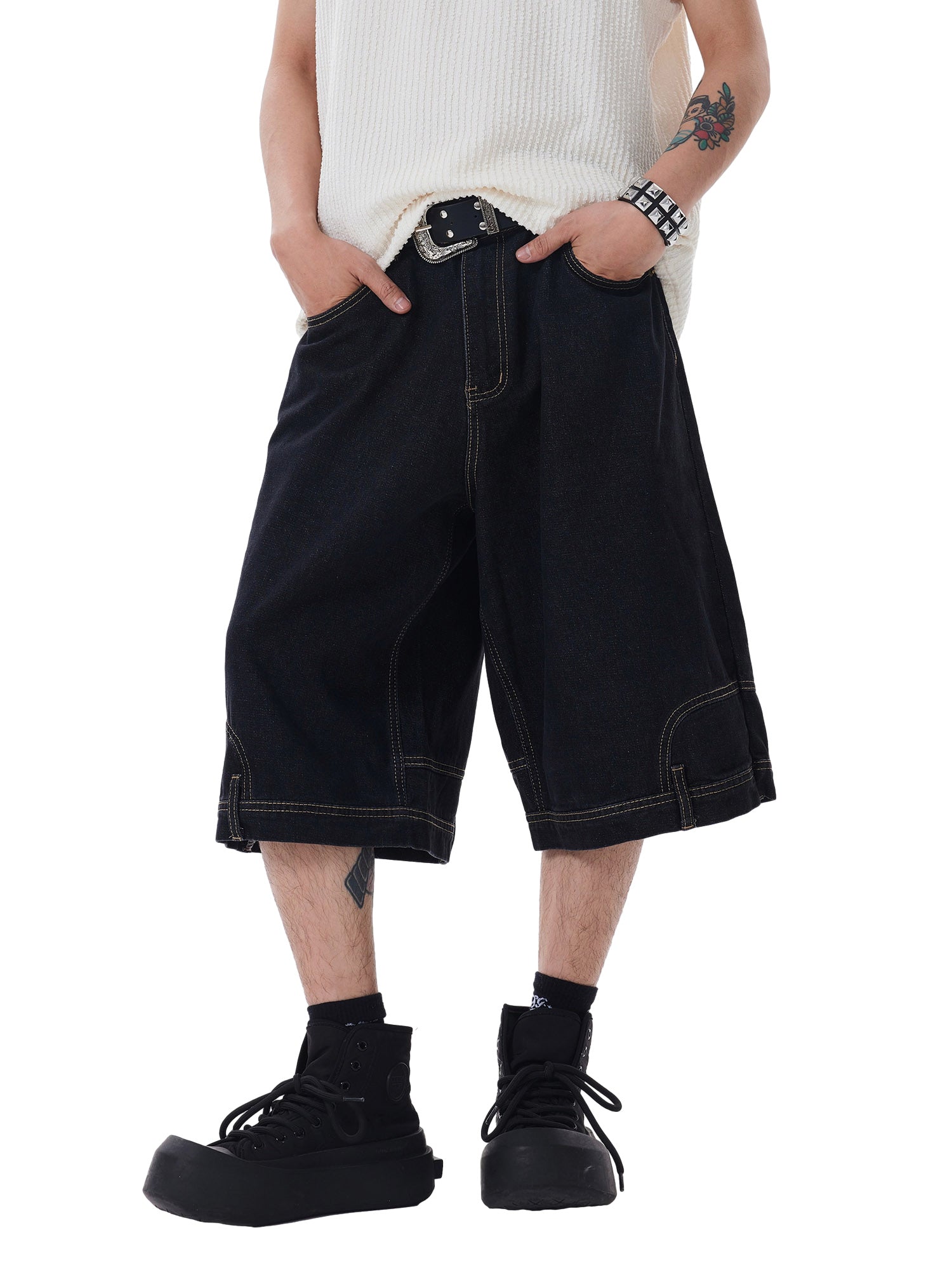 BAGGY DENIM SHORTS WITH BELT - WASHED DENIM JORTS