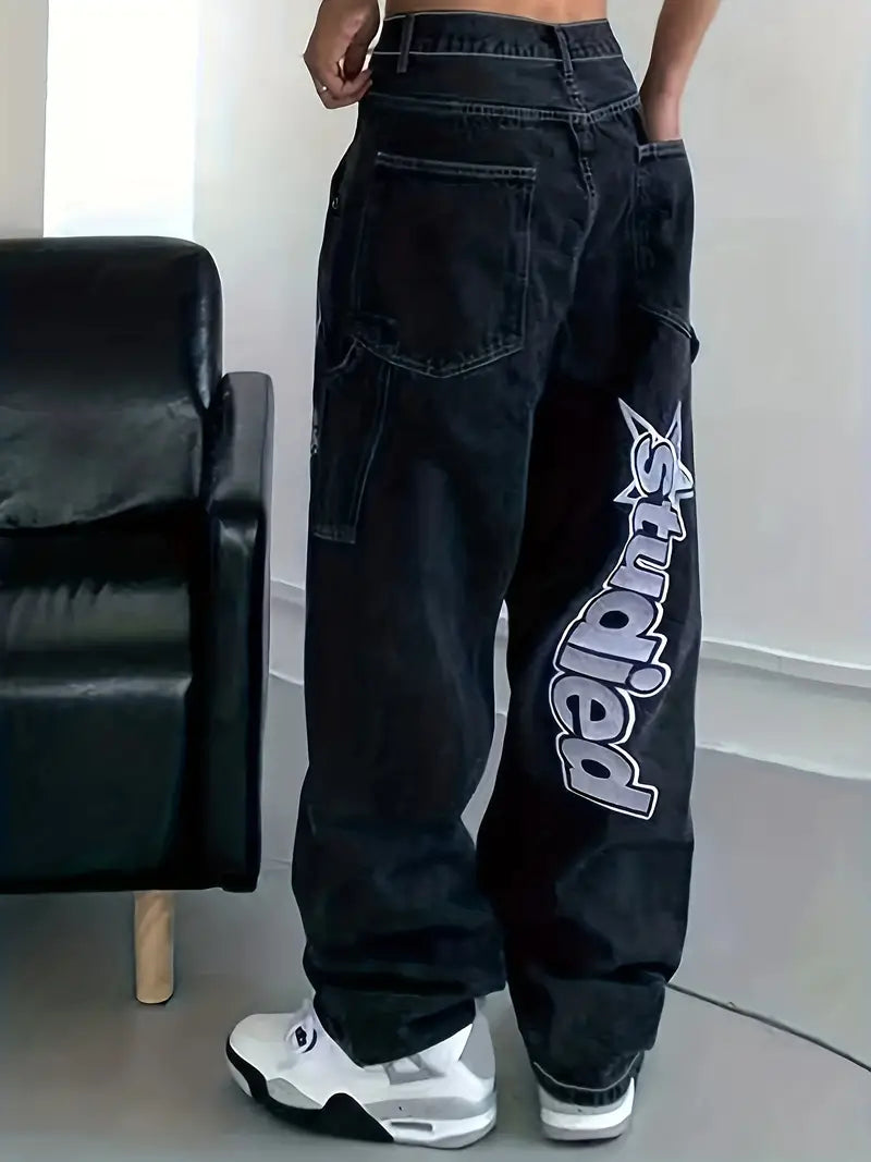 BAGGY JEANS WITH BOLD LETTER PRINTS - STRAIGHT LEG STYLE