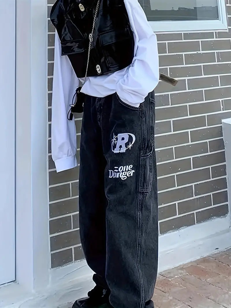 BAGGY JEANS WITH BOLD LETTER PRINTS - STRAIGHT LEG STYLE