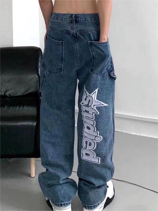 BAGGY JEANS WITH BOLD LETTER PRINTS - STRAIGHT LEG STYLE