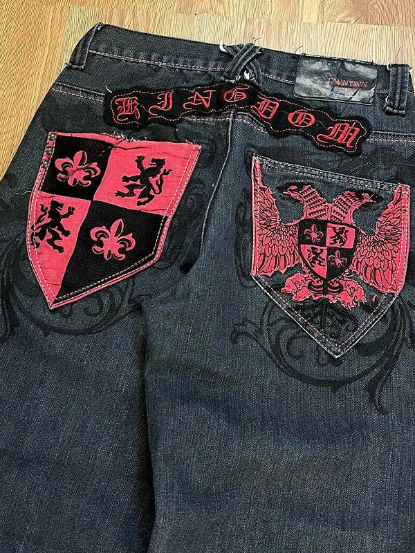 BAGGY JEANS WITH EMBROIDERED BACK POCKETS FIT DISTRESSED BLACK