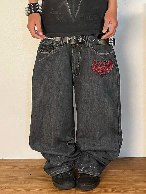 BAGGY JEANS WITH EMBROIDERED BACK POCKETS FIT DISTRESSED BLACK