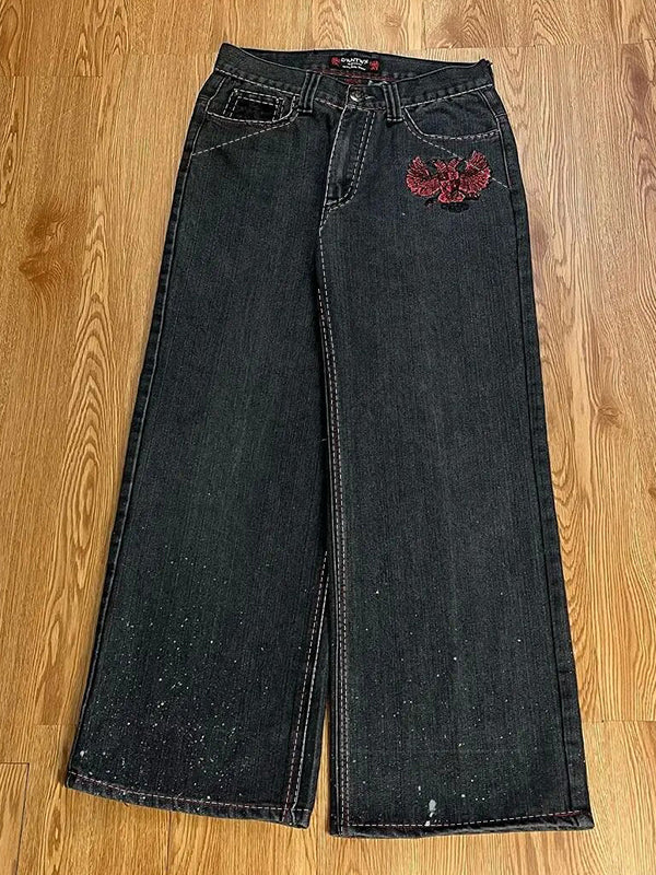 BAGGY JEANS WITH EMBROIDERED BACK POCKETS FIT DISTRESSED BLACK