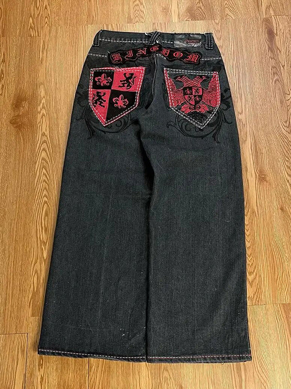 BAGGY JEANS WITH EMBROIDERED BACK POCKETS FIT DISTRESSED BLACK