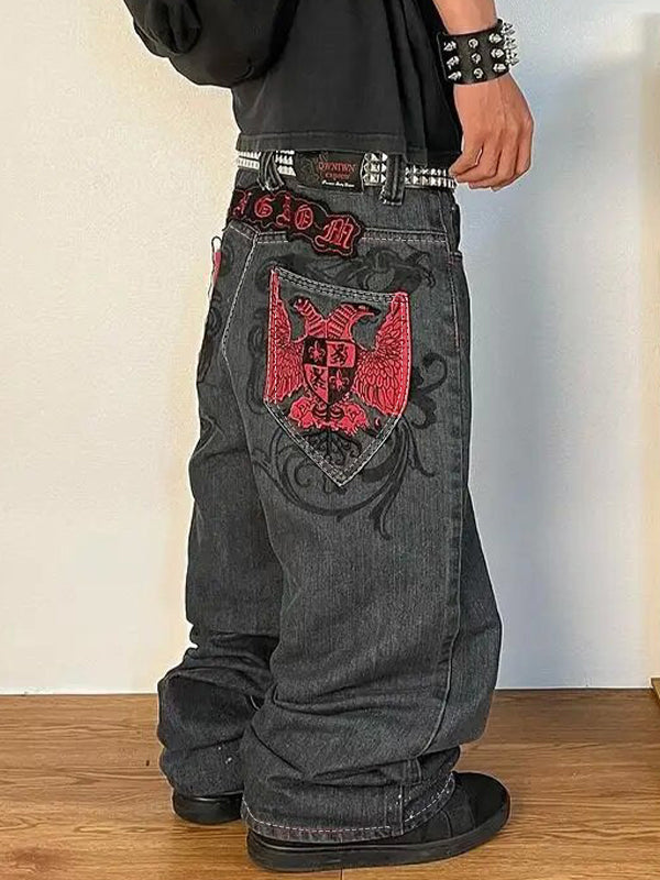 BAGGY JEANS WITH EMBROIDERED BACK POCKETS FIT DISTRESSED BLACK