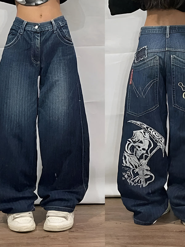 BAGGY JEANS WITH GRIM REAPER DESIGN - BLUE Y2K BOYFRIEND STYLE