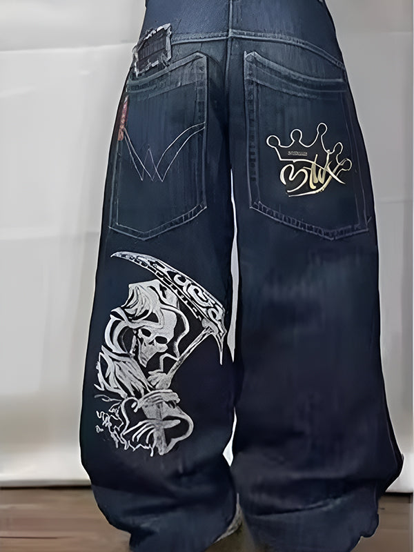 BAGGY JEANS WITH GRIM REAPER DESIGN - BLUE Y2K BOYFRIEND STYLE