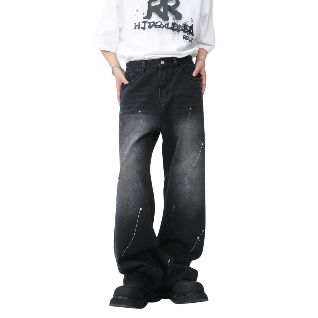 BAGGY JEANS WITH PAINT SPLATTER - BASIC BAGGY JEANS IN BLACK