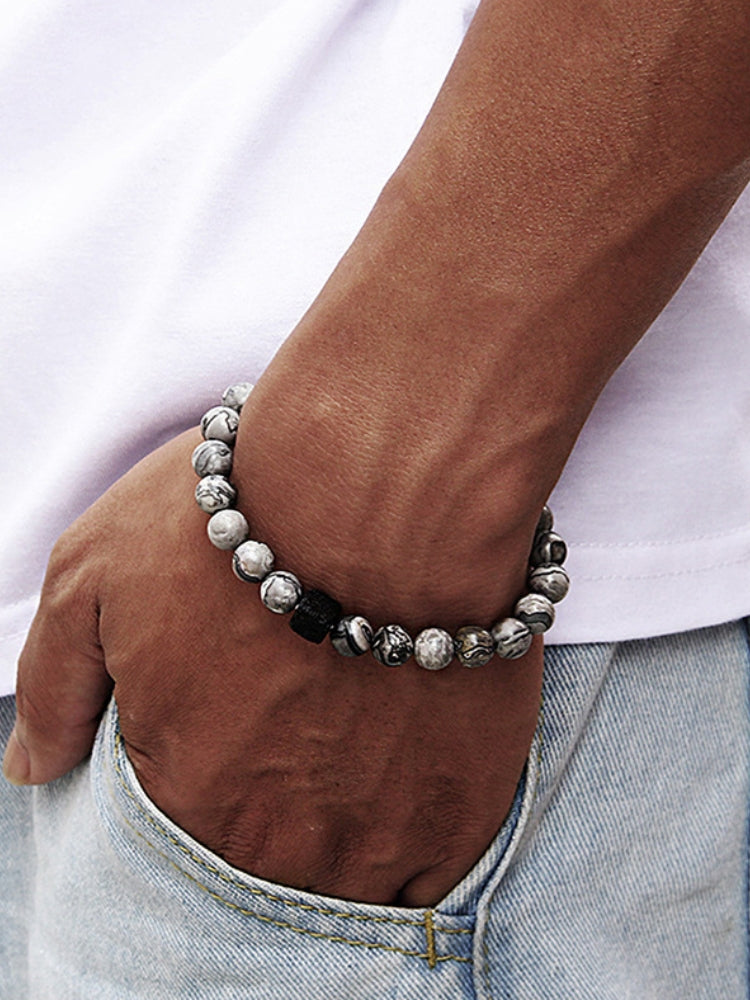 BEADED BRACELET WITH SQUARE ACCENT - UNIQUE ACCESSORY WITH VULCANIC STONE