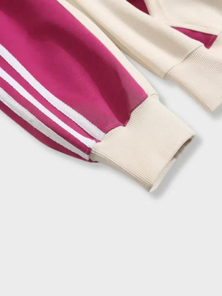 BEIGE AND MAGENTA UNISEX ZIP-UP HOODIE WITH EMBROIDERED LETTERS