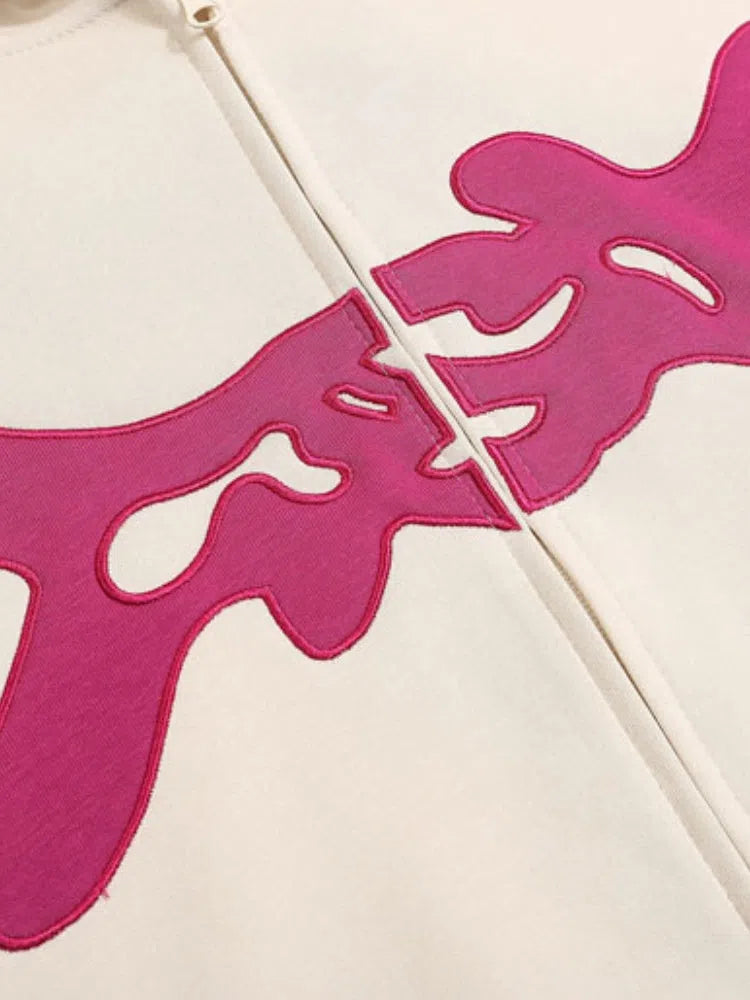 BEIGE AND MAGENTA UNISEX ZIP-UP HOODIE WITH EMBROIDERED LETTERS