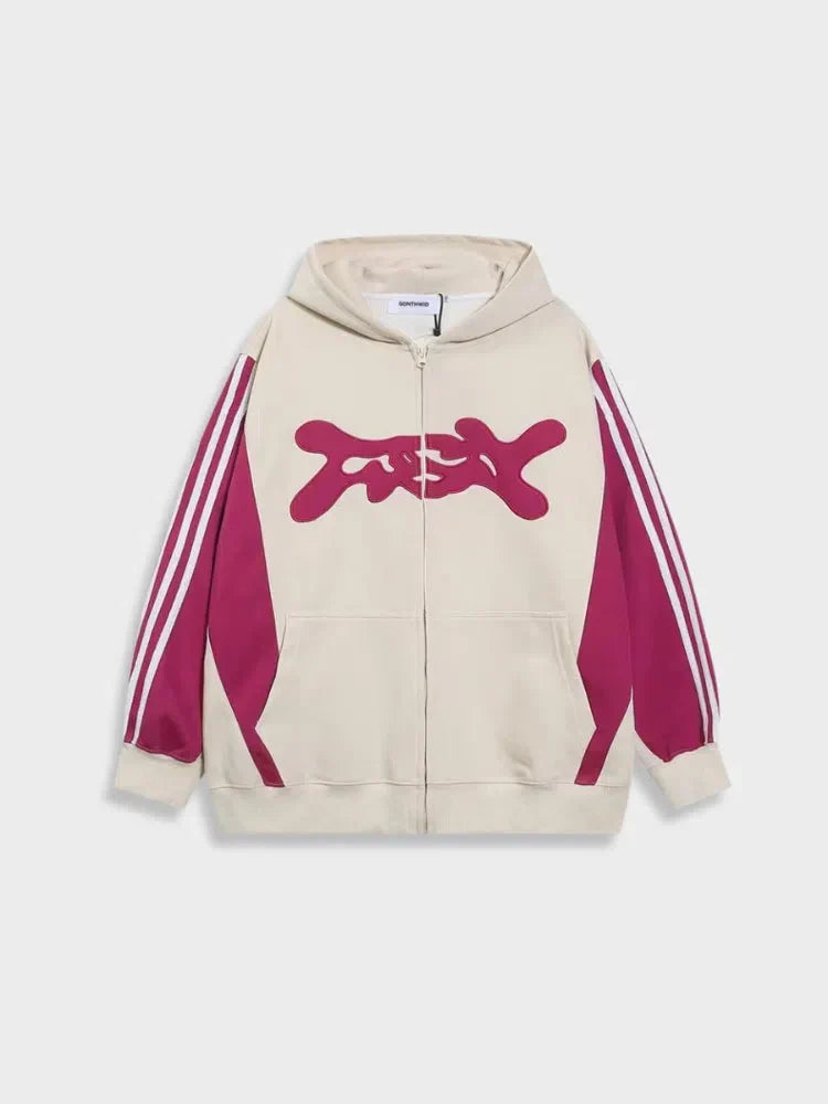 BEIGE AND MAGENTA UNISEX ZIP-UP HOODIE WITH EMBROIDERED LETTERS