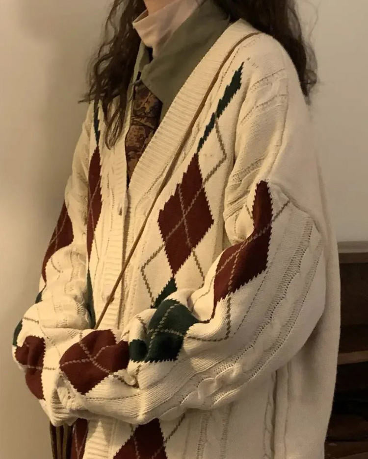 BEIGE ARGYLE KNIT CARDIGAN FOR WOMEN