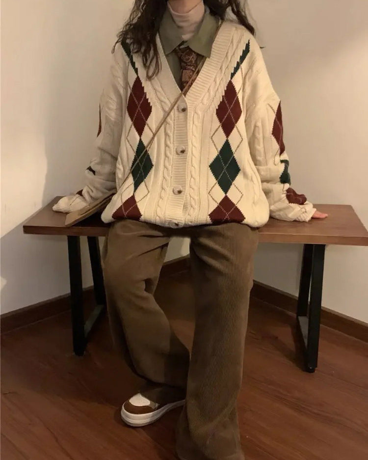 BEIGE ARGYLE KNIT CARDIGAN FOR WOMEN