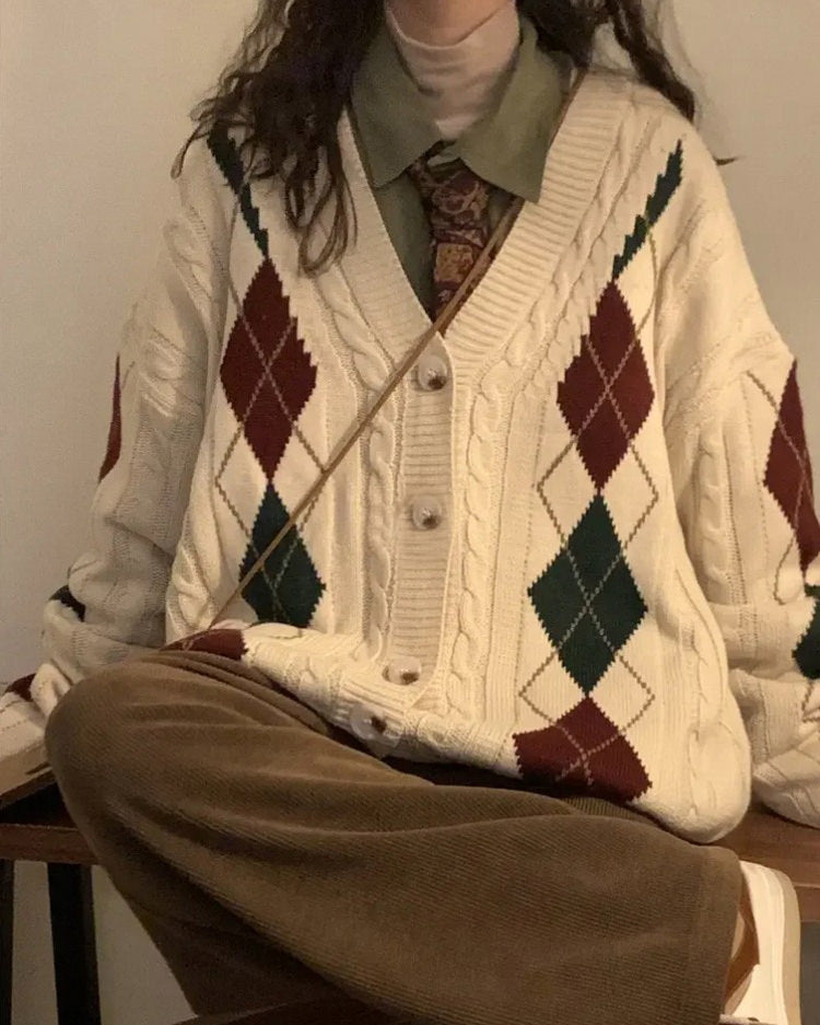 BEIGE ARGYLE KNIT CARDIGAN FOR WOMEN