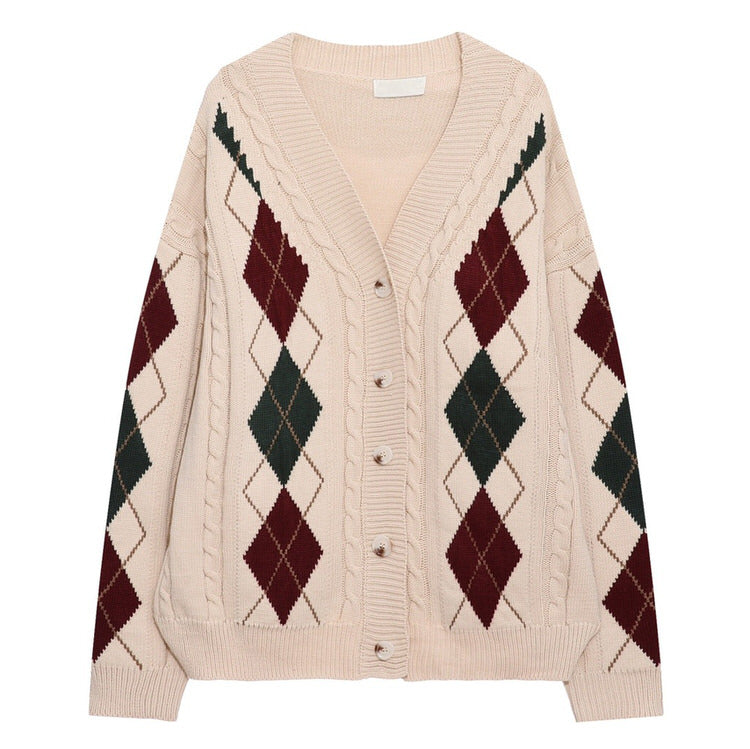 BEIGE ARGYLE KNIT CARDIGAN FOR WOMEN