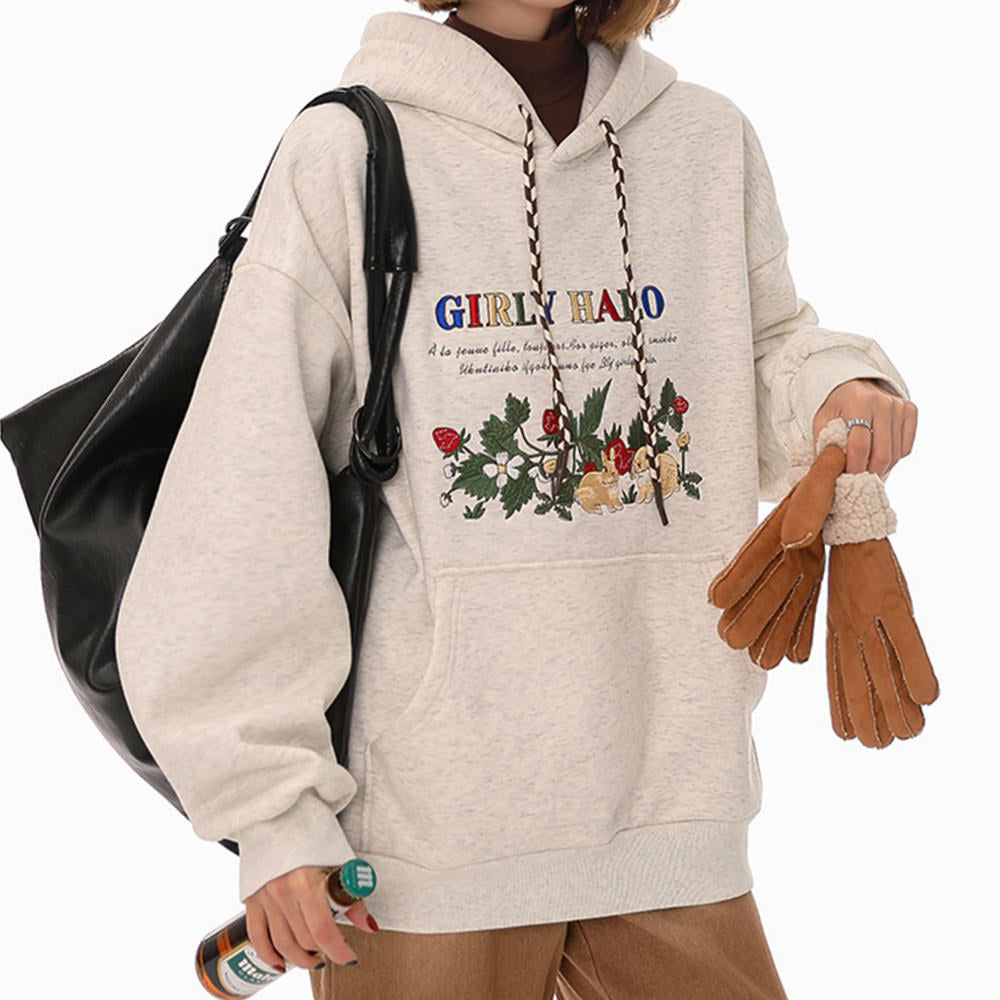 BEIGE BUNNY STRAWBERRY COTTAGECORE HOODIE VINTAGE-INSPIRED FASHION