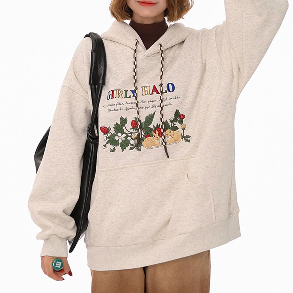 BEIGE BUNNY STRAWBERRY COTTAGECORE HOODIE VINTAGE-INSPIRED FASHION