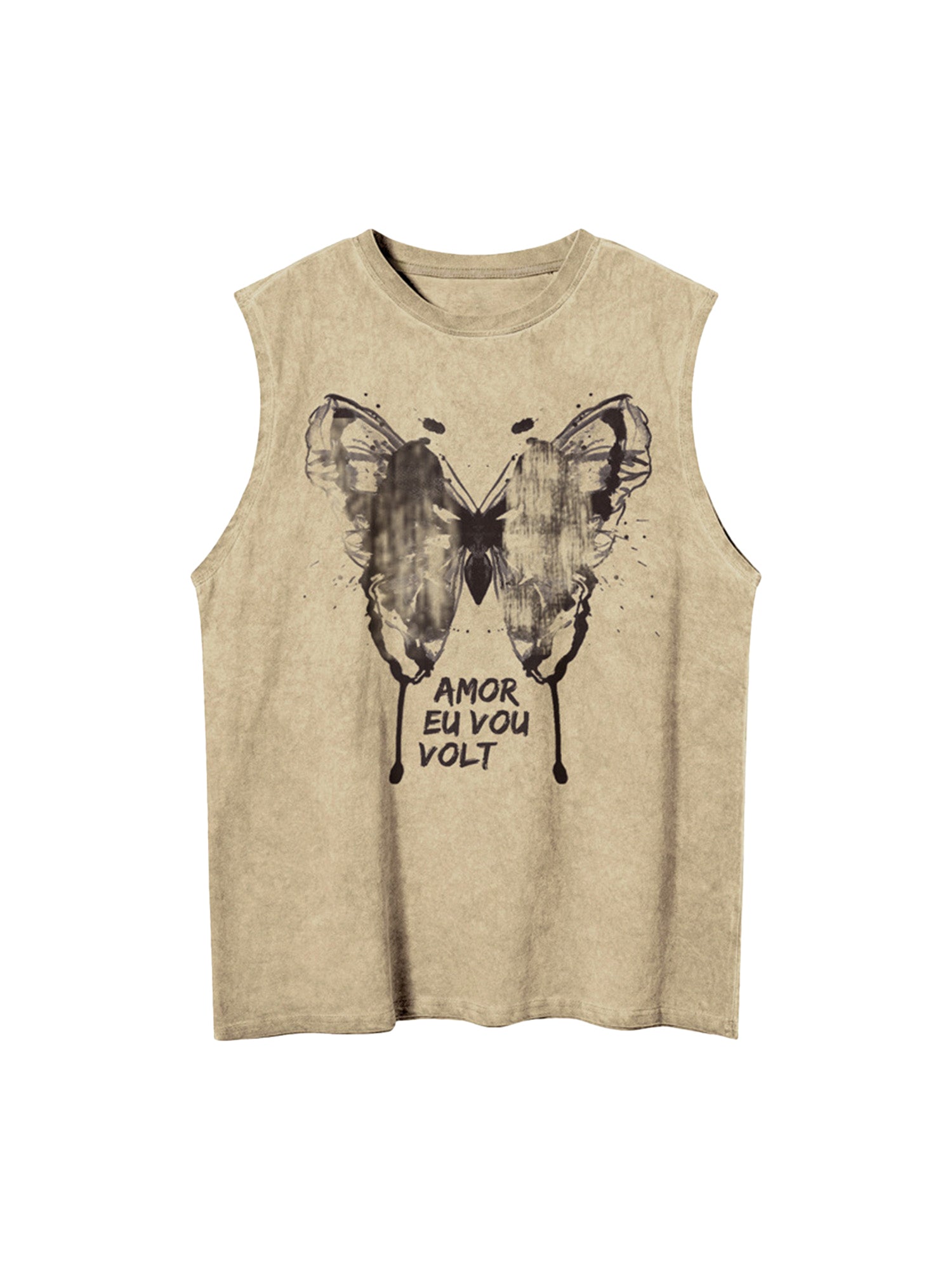 BEIGE BUTTERFLY GRAPHIC SLIM-FIT SLEEVELESS PULLOVER