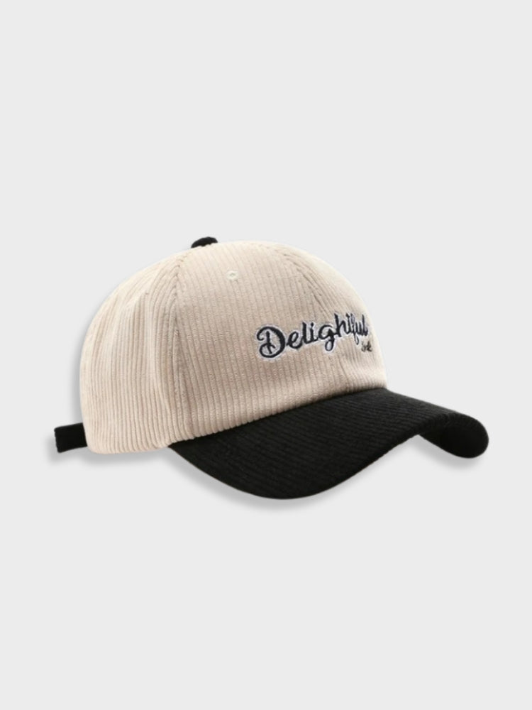 BEIGE CORDUROY BASEBALL CAP WITH BLACK BRIM VINTAGE DELIGHTFUL CORDUROY