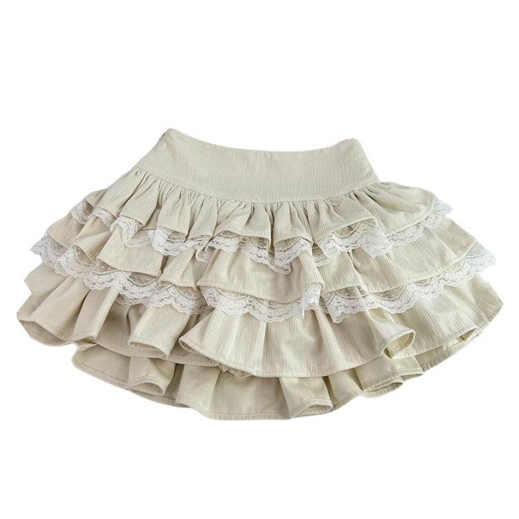 BEIGE CORDUROY TIERED SKIRT WITH LACE TRIM WOMEN’S FASHION