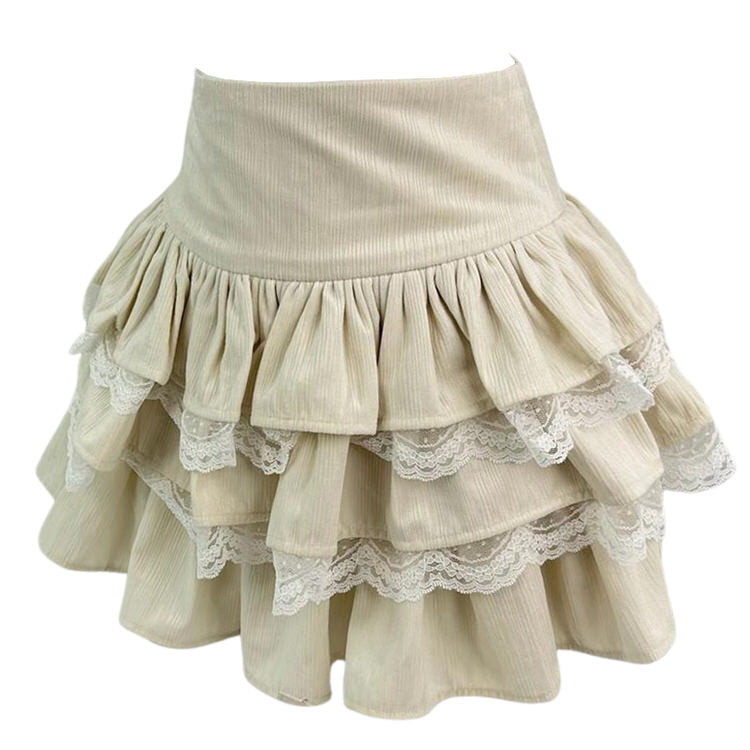 BEIGE CORDUROY TIERED SKIRT WITH LACE TRIM WOMEN’S FASHION