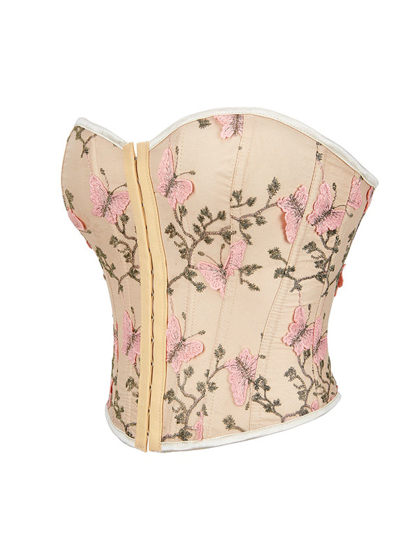 BEIGE CORSET WITH PINK BUTTERFLY EMBROIDERY CASUAL STREET STYLE