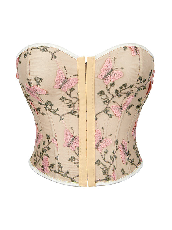 BEIGE CORSET WITH PINK BUTTERFLY EMBROIDERY CASUAL STREET STYLE
