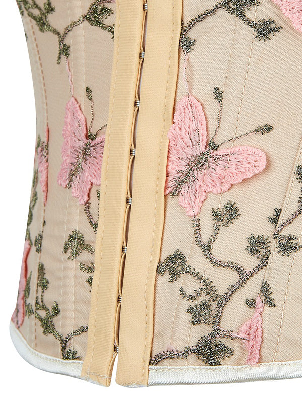 BEIGE CORSET WITH PINK BUTTERFLY EMBROIDERY SLIM FIT SLEEVELESS DESIGN