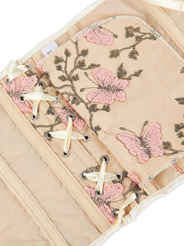 BEIGE CORSET WITH PINK BUTTERFLY EMBROIDERY SLIM FIT SLEEVELESS DESIGN