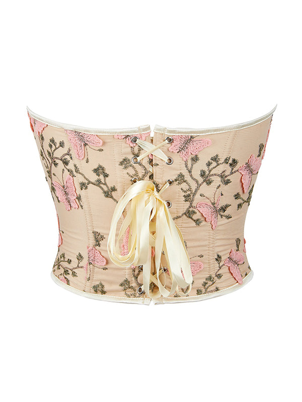 BEIGE CORSET WITH PINK BUTTERFLY EMBROIDERY SLIM FIT SLEEVELESS DESIGN