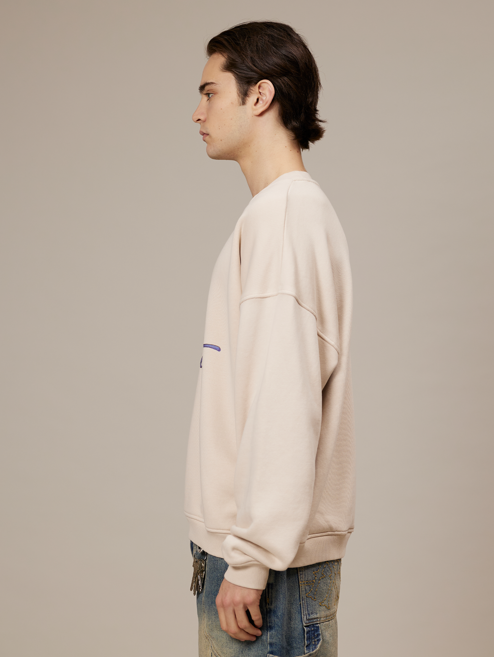 BEIGE CREWNECK SWEATSHIRT WITH SUN GRAPHIC COTTON LOOPBACK SWEATSHIRT