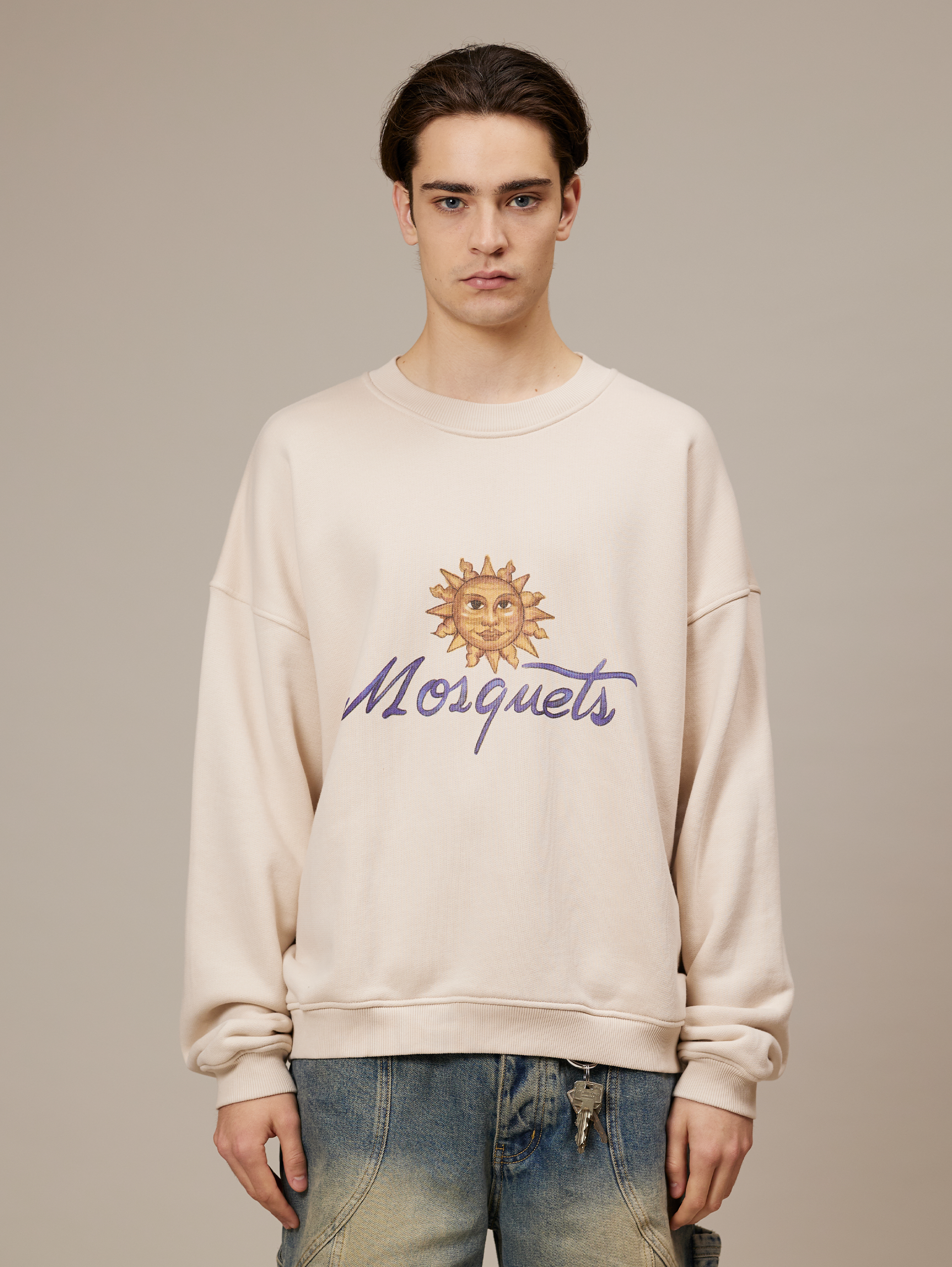BEIGE CREWNECK SWEATSHIRT WITH SUN GRAPHIC COTTON LOOPBACK SWEATSHIRT