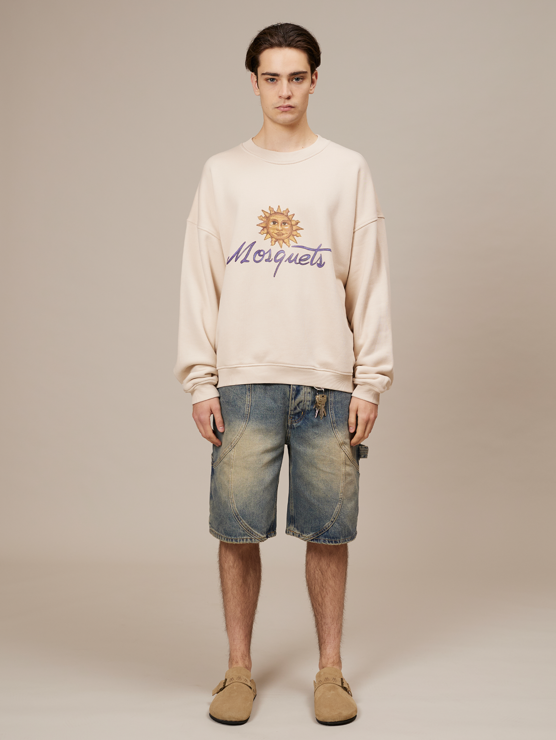 BEIGE CREWNECK SWEATSHIRT WITH SUN GRAPHIC COTTON LOOPBACK SWEATSHIRT