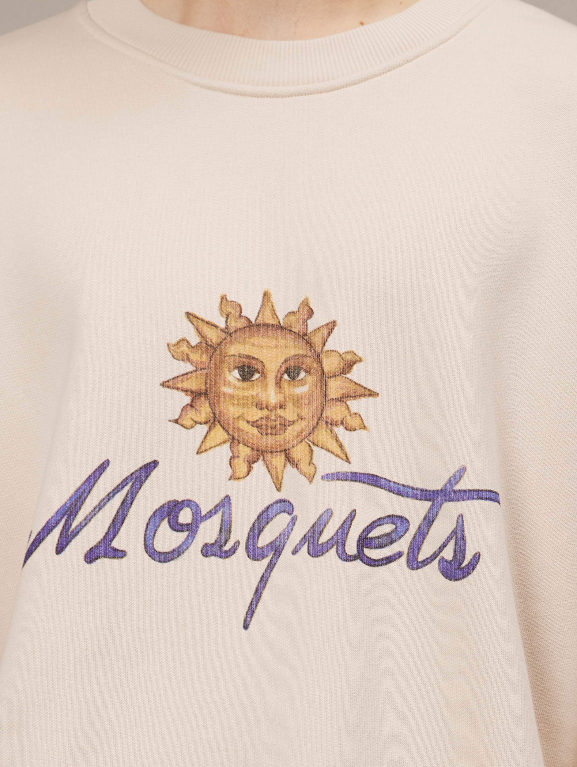 BEIGE CREWNECK SWEATSHIRT WITH SUN GRAPHIC COTTON LOOPBACK SWEATSHIRT