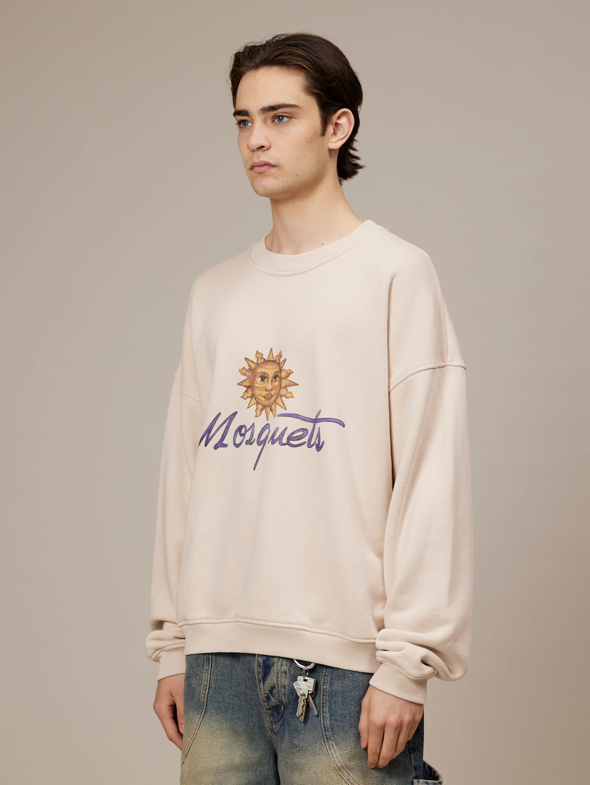 BEIGE CREWNECK SWEATSHIRT WITH SUN GRAPHIC COTTON LOOPBACK SWEATSHIRT