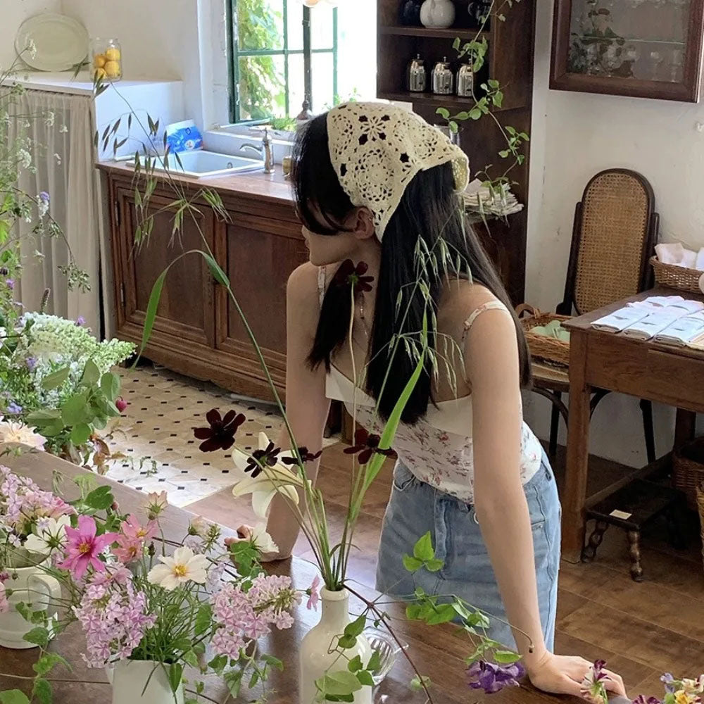 BEIGE CROCHETED BONNET GRANNY CROCHET HEAD SCARF
