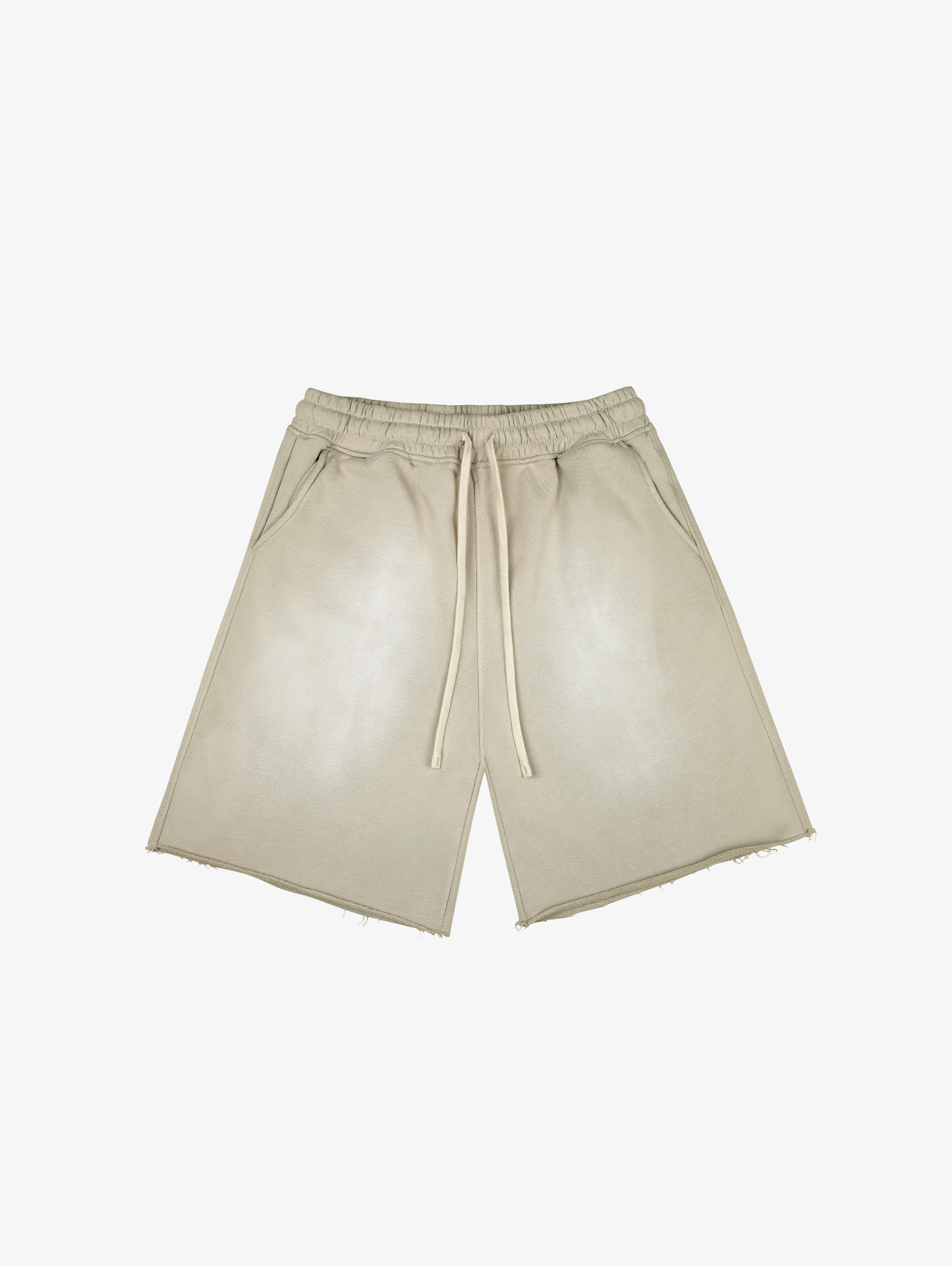 BEIGE DRAWSTRING SHORTS WITH COTTON SUNFADED SPRAY FINISH