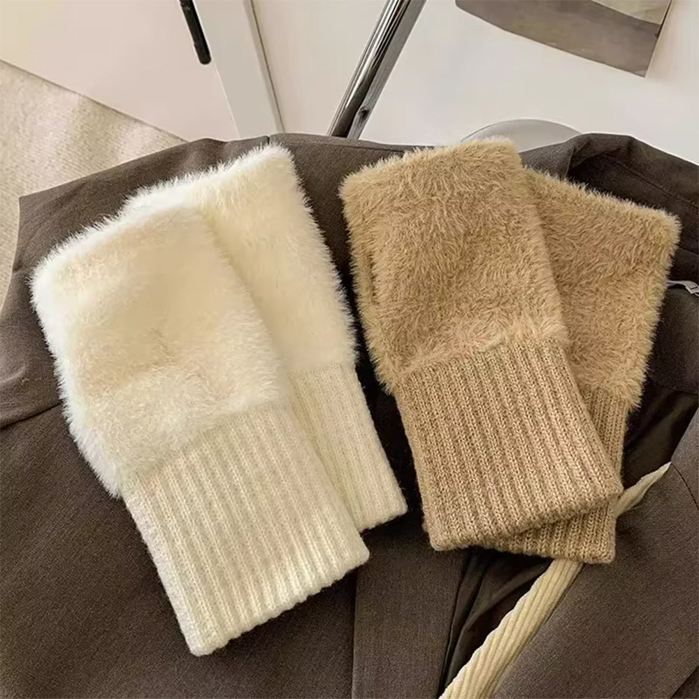 BEIGE FINGERLESS GLOVES HIGH-QUALITY ACRYLIC FLUFFY ARM WARMERS