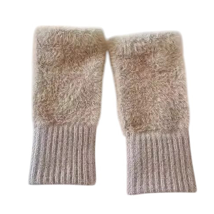BEIGE FINGERLESS GLOVES HIGH-QUALITY ACRYLIC FLUFFY ARM WARMERS