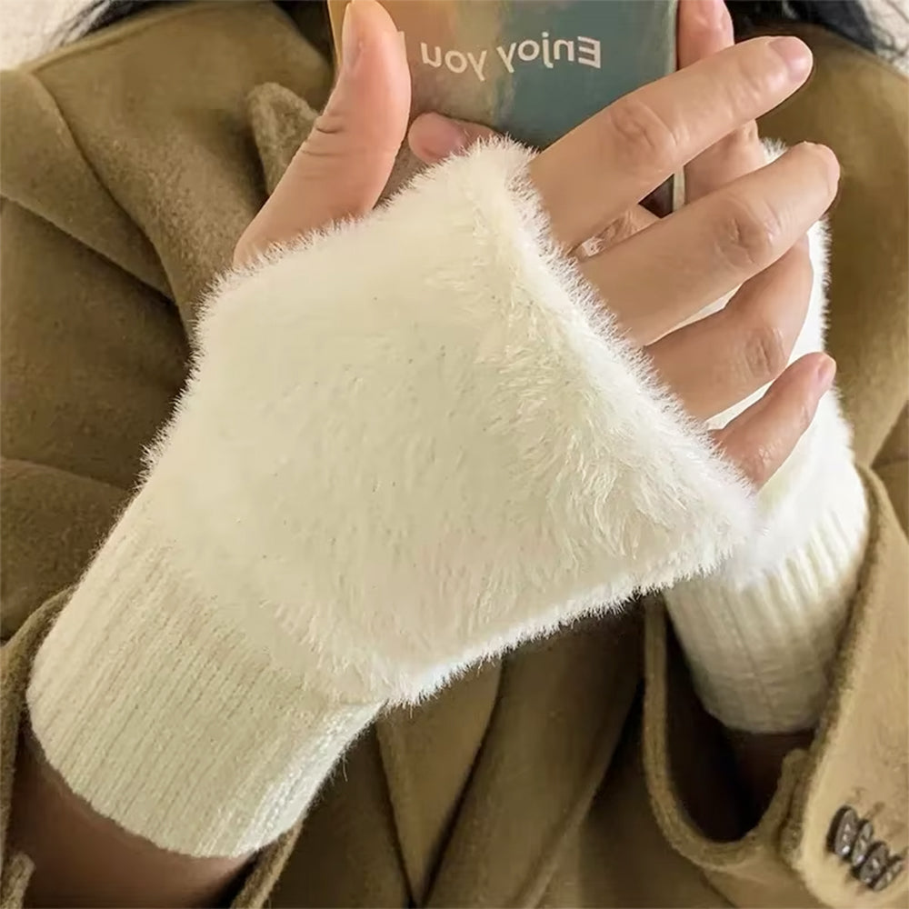 BEIGE FINGERLESS GLOVES HIGH-QUALITY ACRYLIC FLUFFY ARM WARMERS