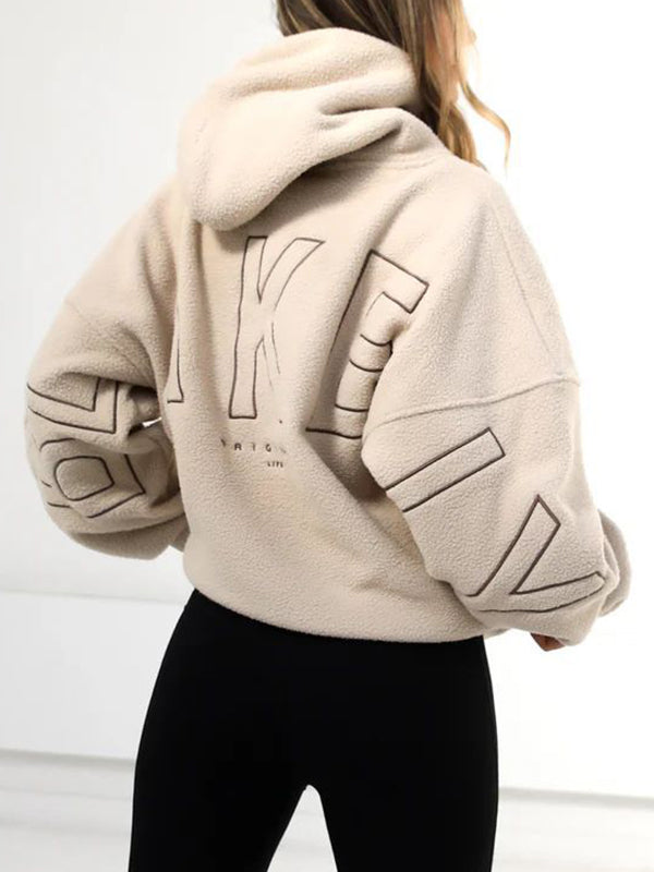 BEIGE FLEECE HOODIE WITH LETTERING LONG SLEEVE T-SHIRT