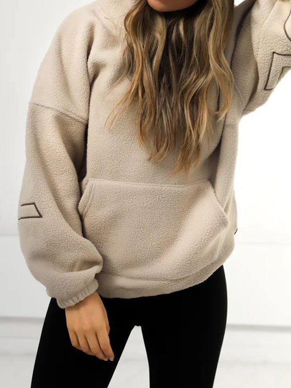BEIGE FLEECE HOODIE WITH LETTERING LONG SLEEVE T-SHIRT