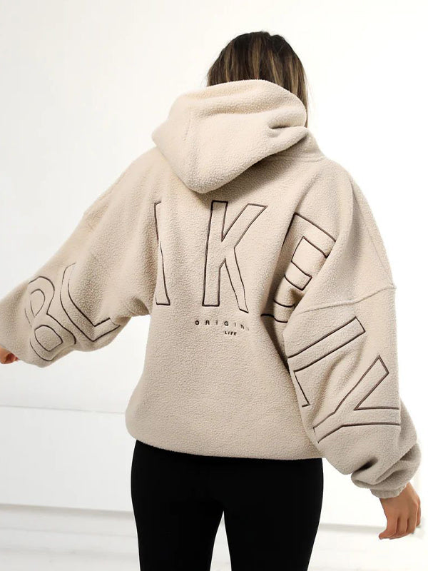 BEIGE FLEECE HOODIE WITH LETTERING LONG SLEEVE T-SHIRT
