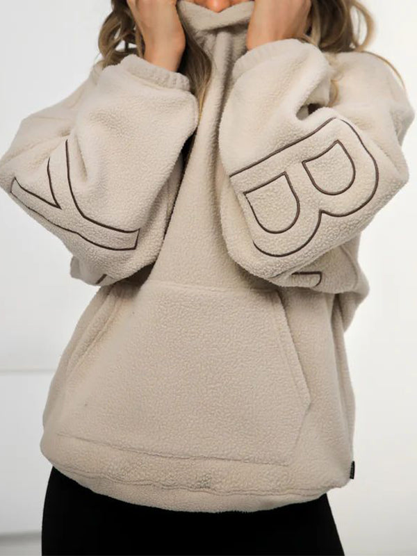 BEIGE FLEECE HOODIE WITH LETTERING LONG SLEEVE T-SHIRT