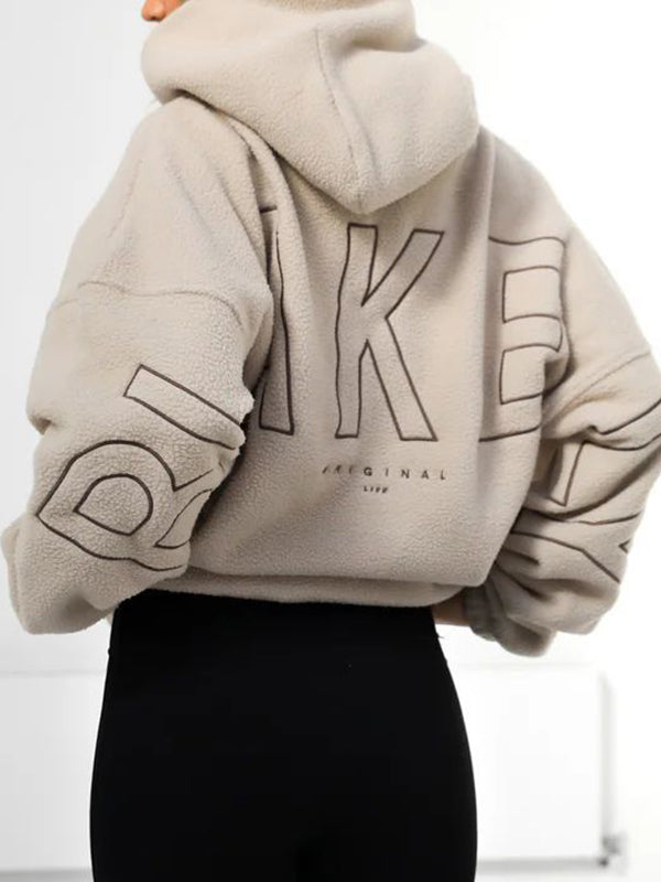 BEIGE FLEECE HOODIE WITH LETTERING LONG SLEEVE T-SHIRT