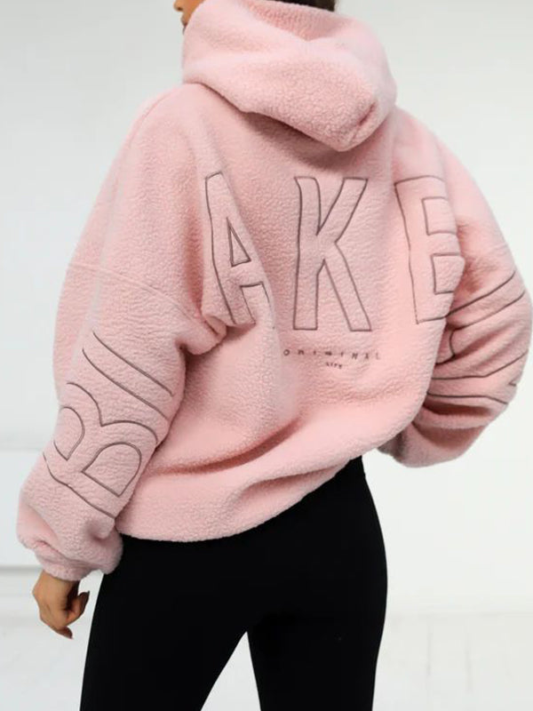 BEIGE FLEECE HOODIE WITH LETTERING LONG SLEEVE T-SHIRT