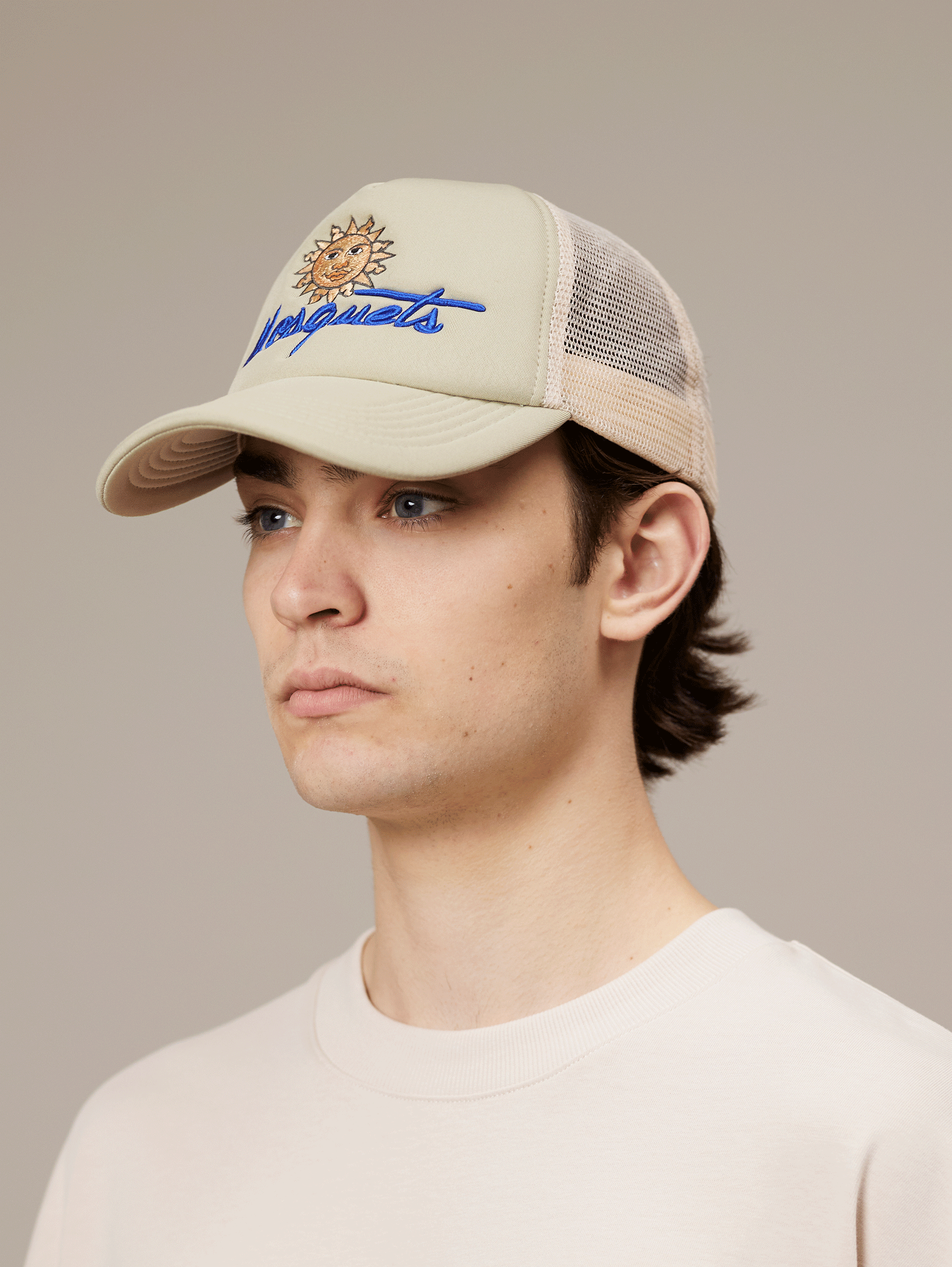 BEIGE FOAM CAP WITH SUN GRAPHIC AND SNAP CLOSURE