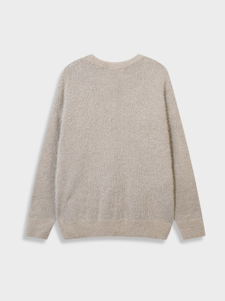 BEIGE FUZZY SWEATER WITH BROWN GRAPHIC Y2K INSPIRED SWEATER