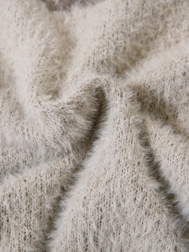 BEIGE FUZZY SWEATER WITH BROWN GRAPHIC Y2K INSPIRED SWEATER